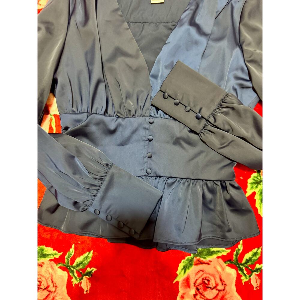 Jason Wu Satin Babydoll Peplum Blouse Small Navy Plunge Holiday Coquette Peasant - Picture 4 of 15